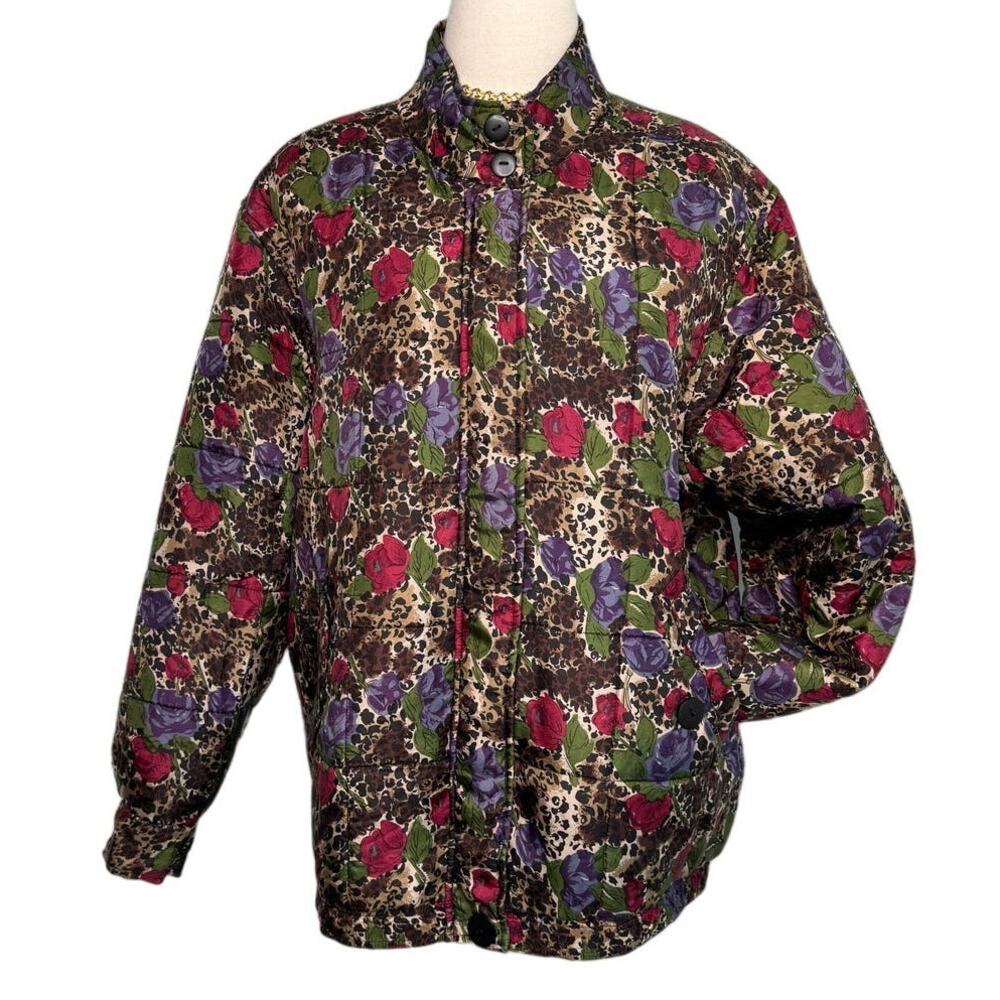 Anna and Frank vintage 100% silk rose floral animal print bomber jacket size M